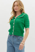 Kelly Green Sweater with White Contrast Stitching