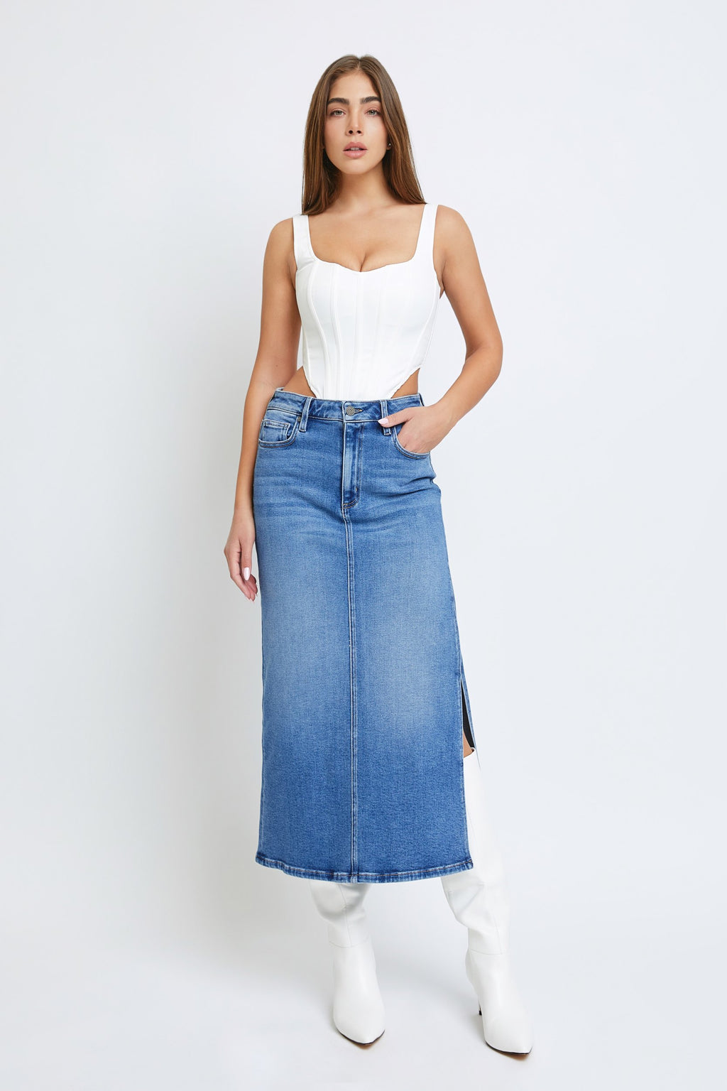 Peyton Midi Denim Skirt with Side Slit