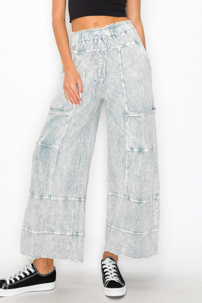 Mineral Washed Wide Leg Pants in Silver Grey