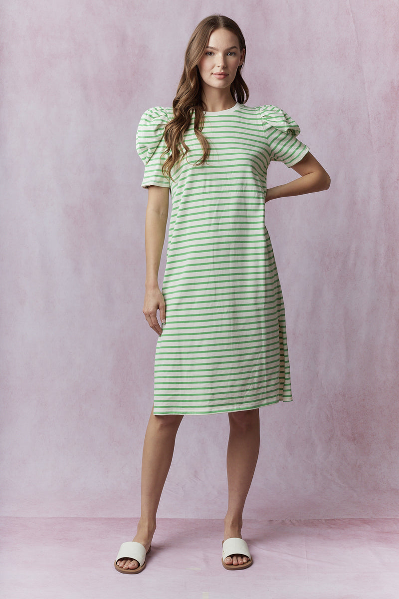 Cotton Jersey Puff Sleeve Dress in Green