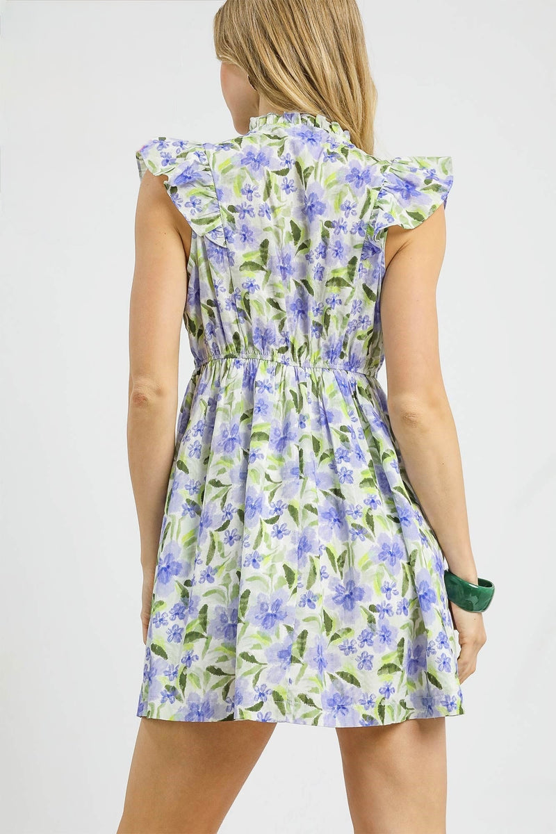 Ruffle Front Floral Mini Dress in Blue