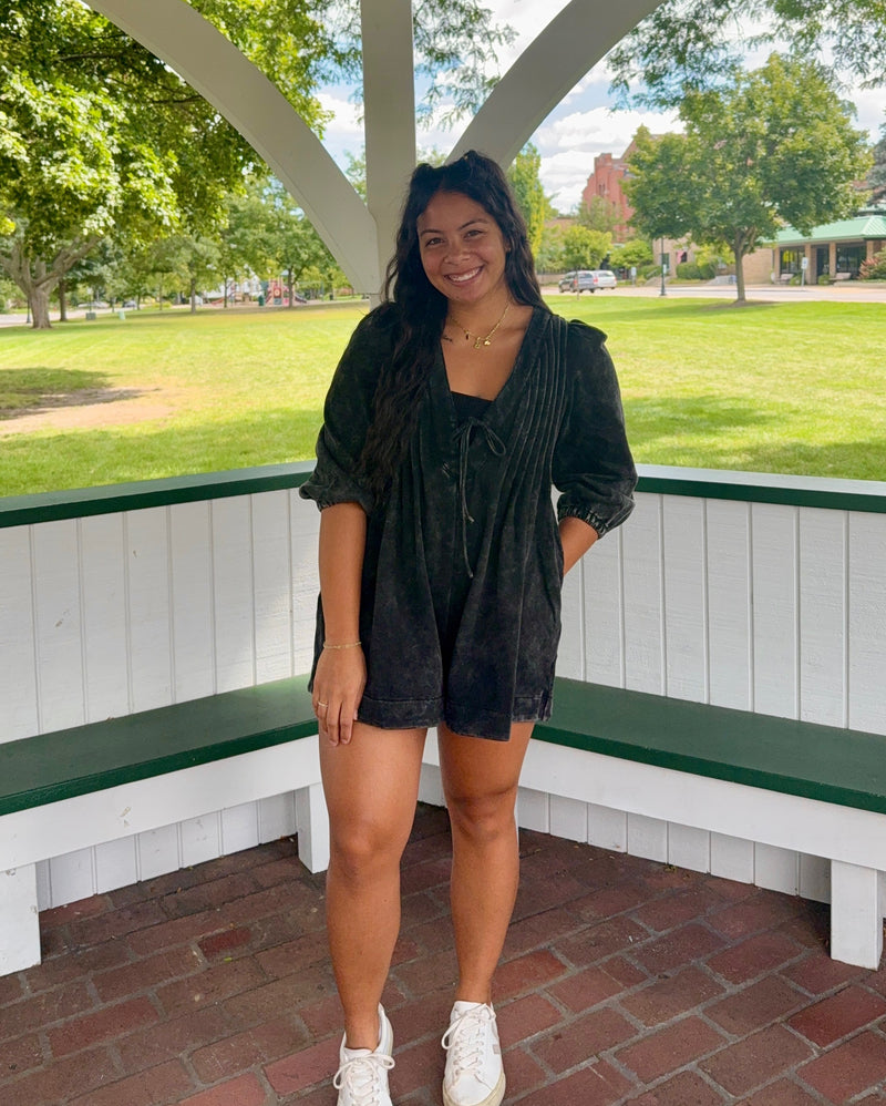 French Terry Long Sleeve V Neck Romper in Black