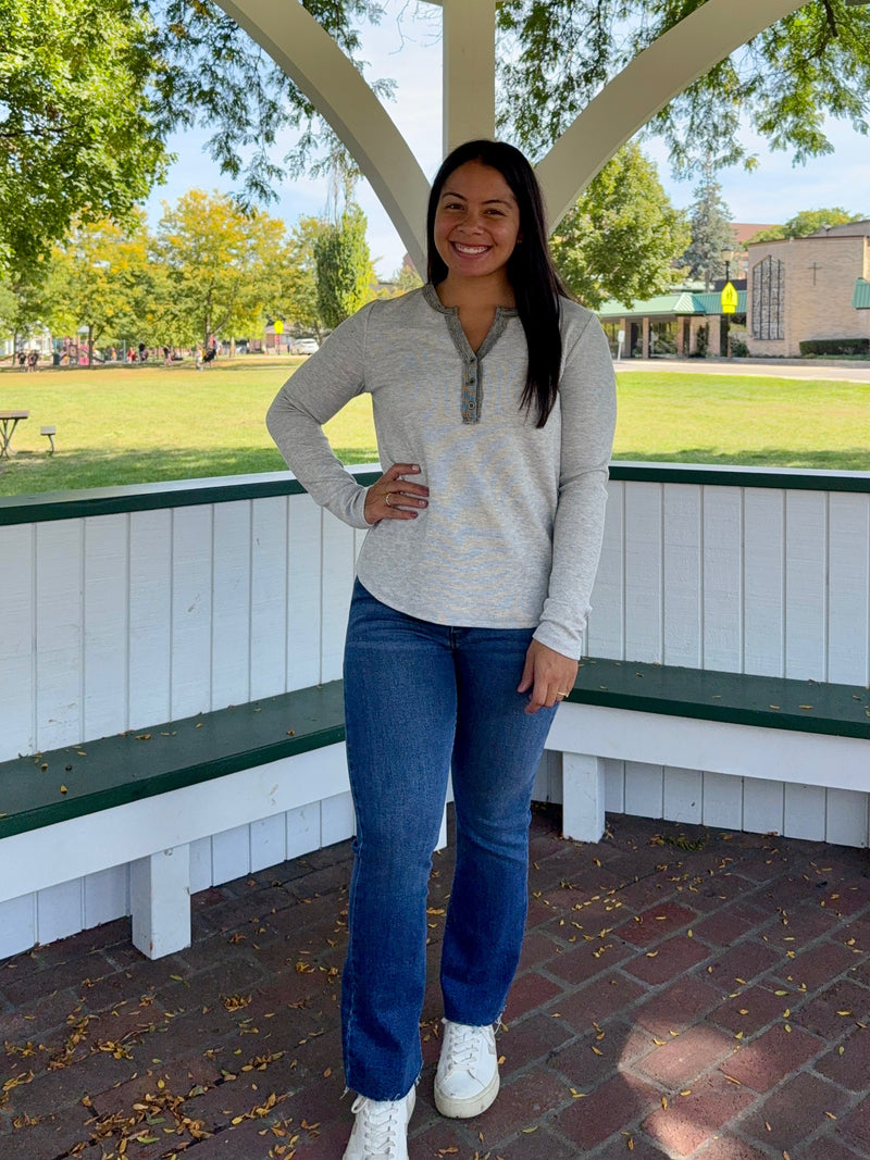 Grey Contrast Buttoned Henley