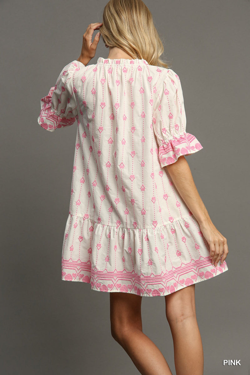 Heart Embroidery Mini Dress in Pink