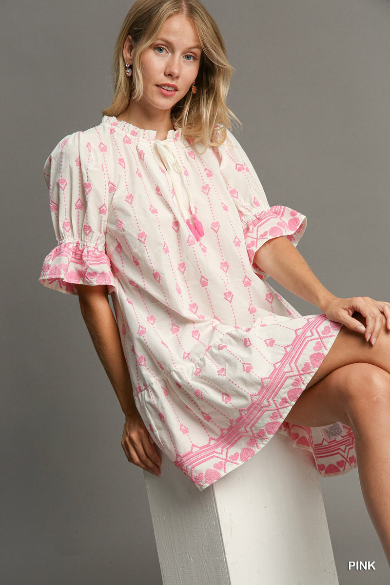 Heart Embroidery Mini Dress in Pink