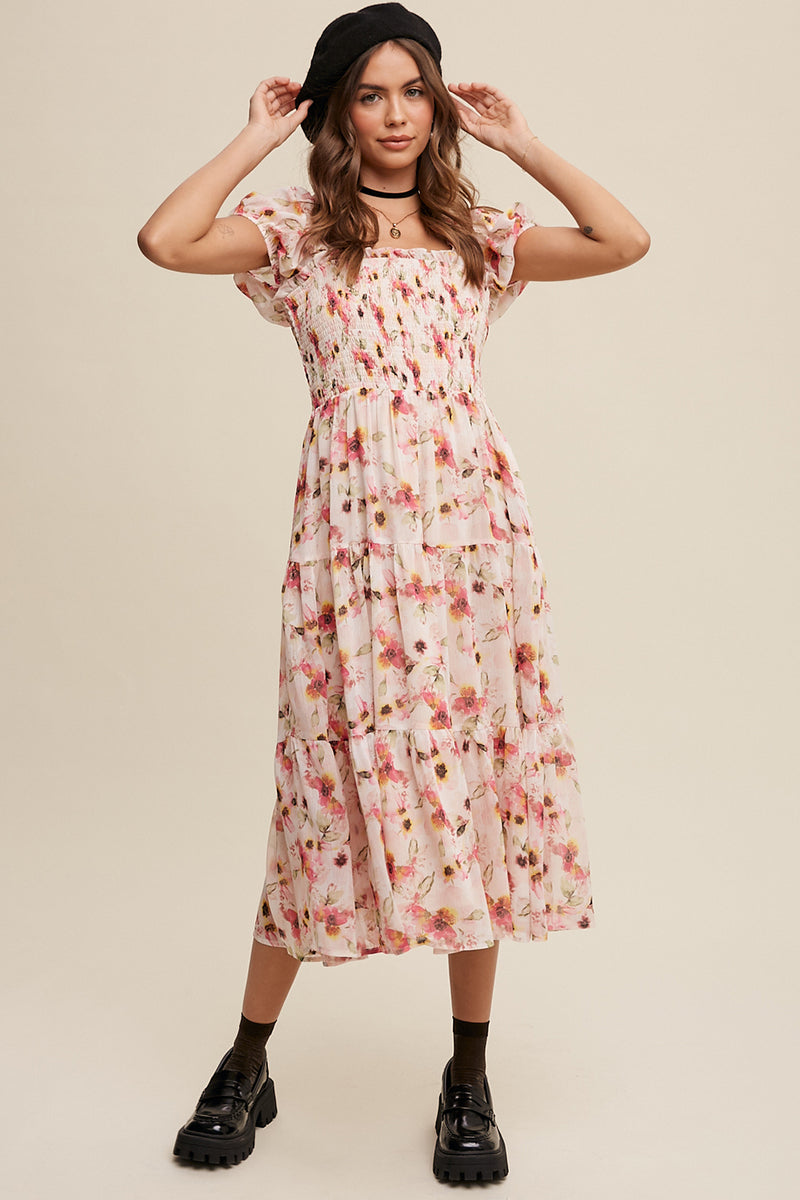 Floral Print Smocked Puff Sleeve Dress