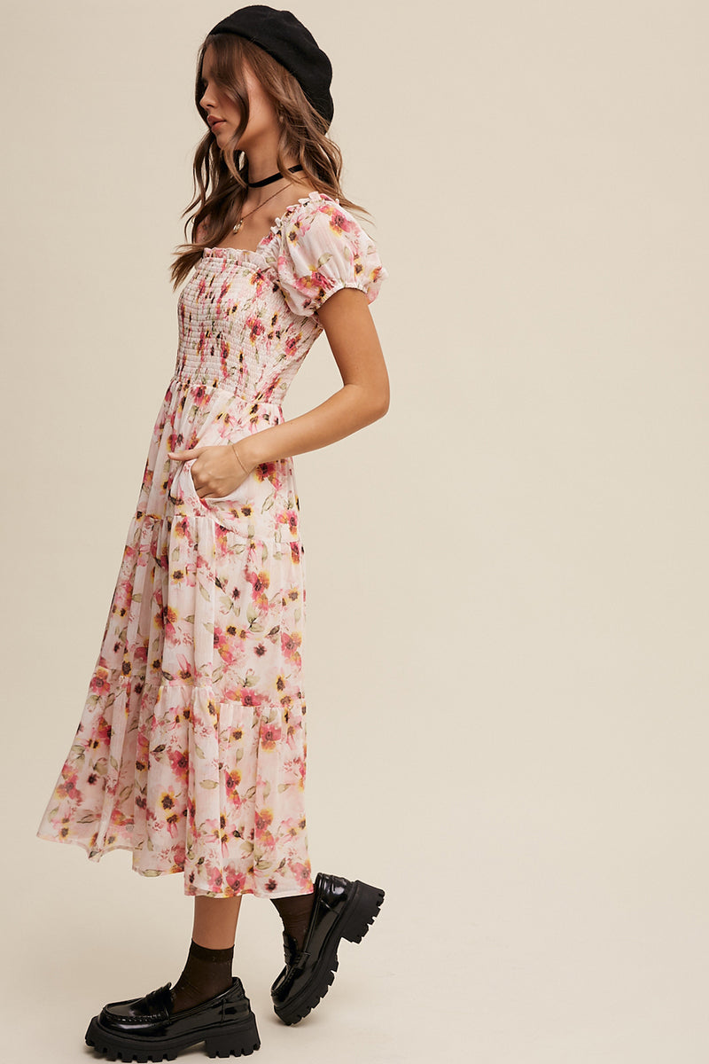 Floral Print Smocked Puff Sleeve Dress