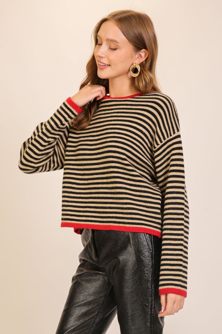 Contrast Sweater with Red Trim