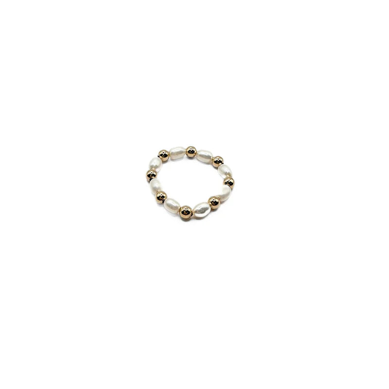 Gold Filled 3mm Natural Rice Pearl Ring Waterproof Stretch