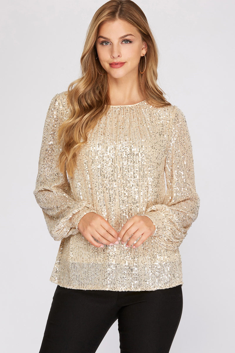 Long Sleeve Sequin Top in Cream