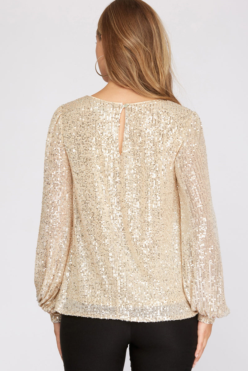 Long Sleeve Sequin Top in Cream