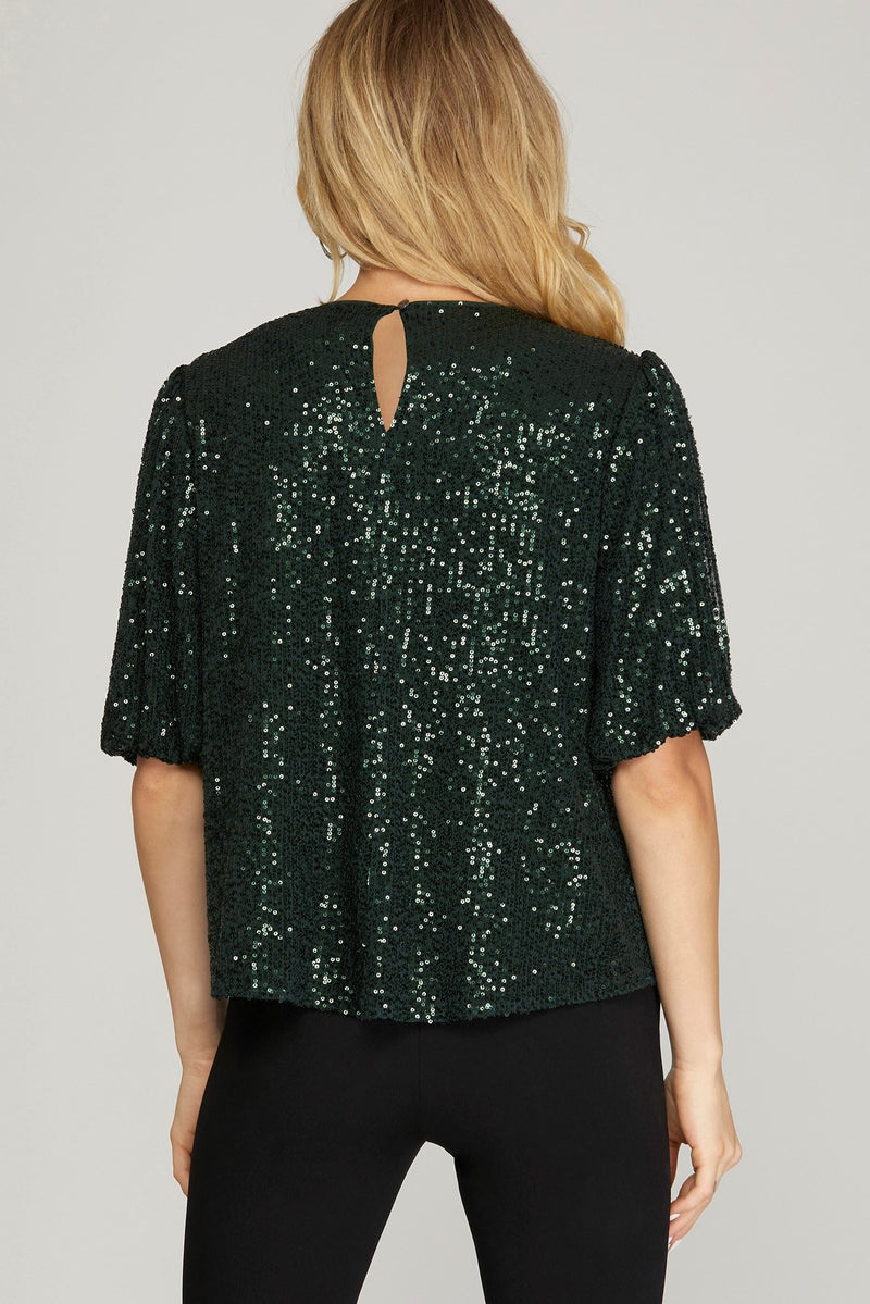 Short Sleeve Green Sequin Top