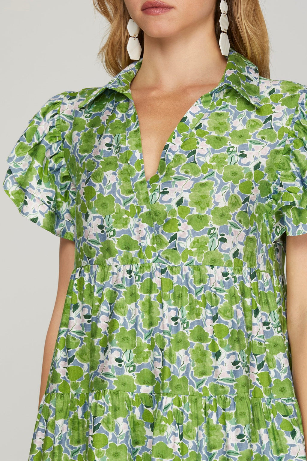 Green Ruffled Floral Print Mini Dress