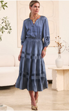 Long Sleeve Split Neck Long Dress With Pleated Skirt