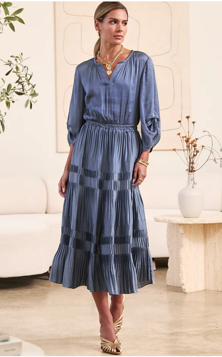 Long Sleeve Split Neck Long Dress With Pleated Skirt