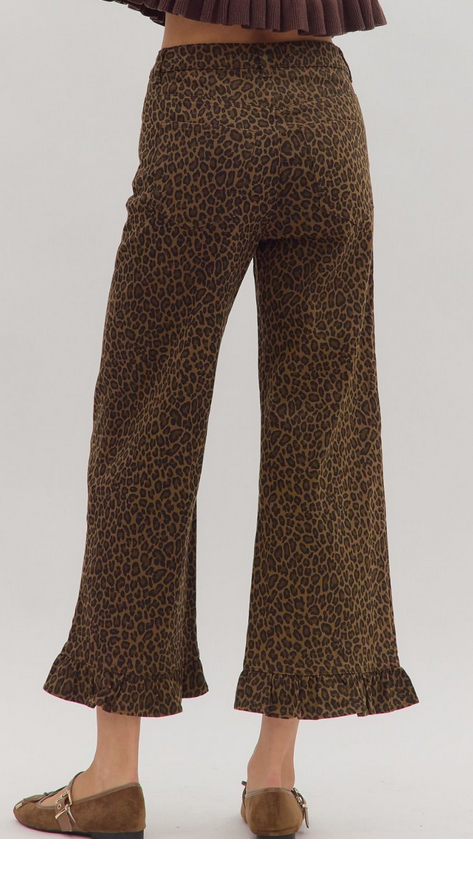 Animal Print Wide Leg Pants With Ruffle