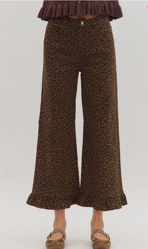 Animal Print Wide Leg Pants With Ruffle