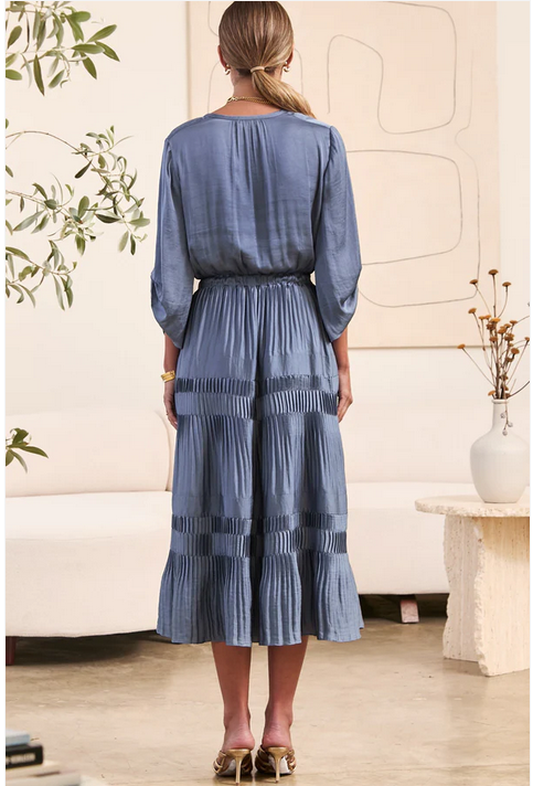 Long Sleeve Split Neck Long Dress With Pleated Skirt