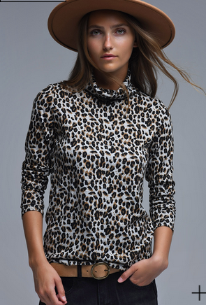 Long Sleeve Turtleneck Top in Brown Leopard Print