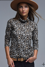 Long Sleeve Turtleneck Top in Brown Leopard Print