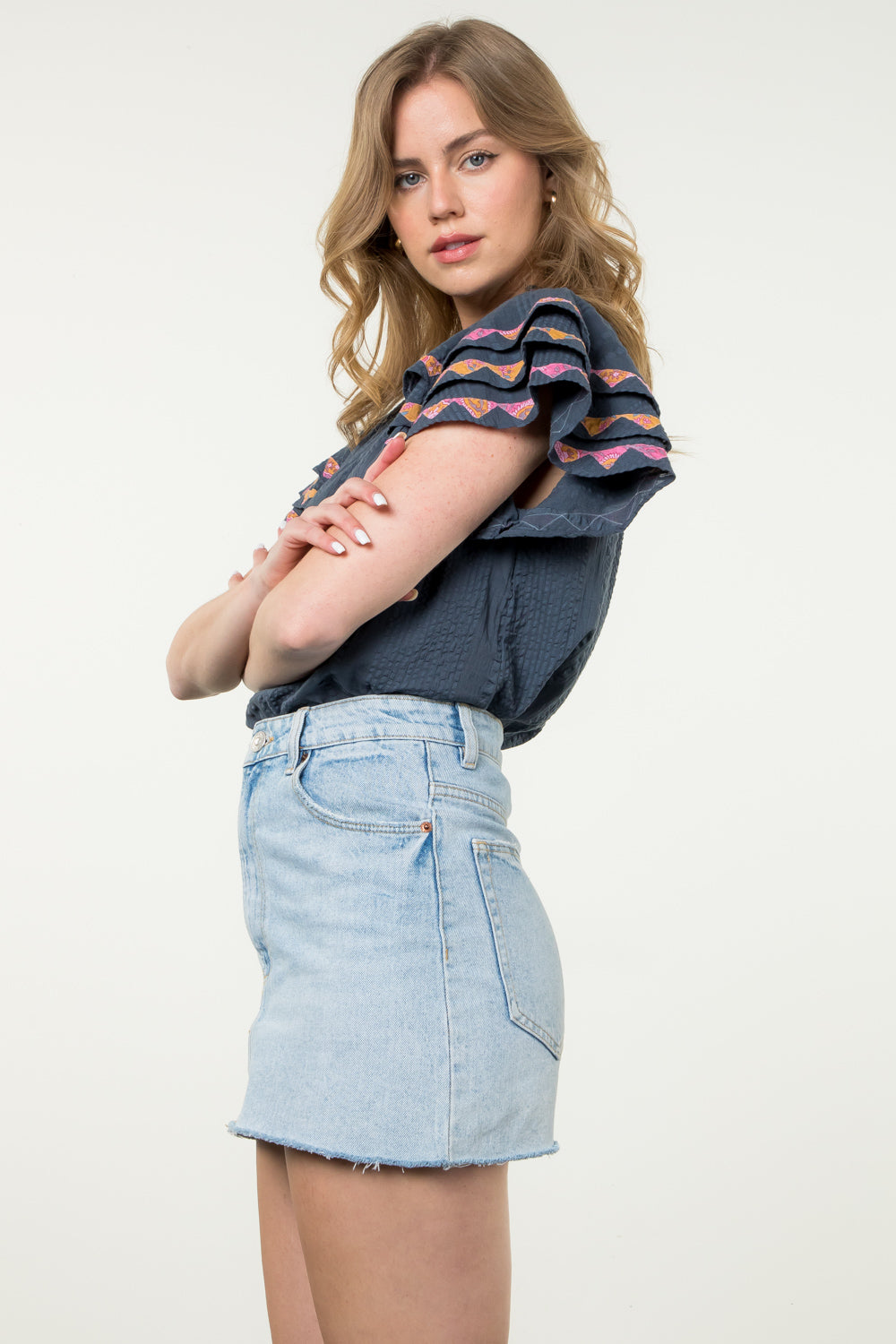 Hand Applique Ruffle Sleeve THML Top