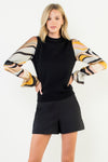 Long Sleeve Black Knit Sweater with Mixed Media Sleeves