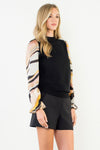 Long Sleeve Black Knit Sweater with Mixed Media Sleeves