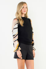 Long Sleeve Black Knit Sweater with Mixed Media Sleeves
