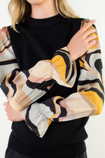 Long Sleeve Black Knit Sweater with Mixed Media Sleeves