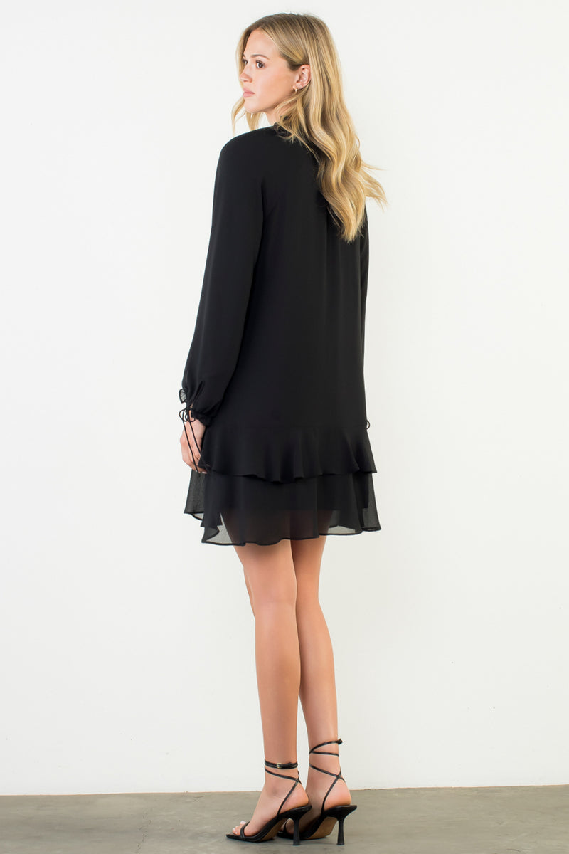 Long Sleeve Flutter Black Dress