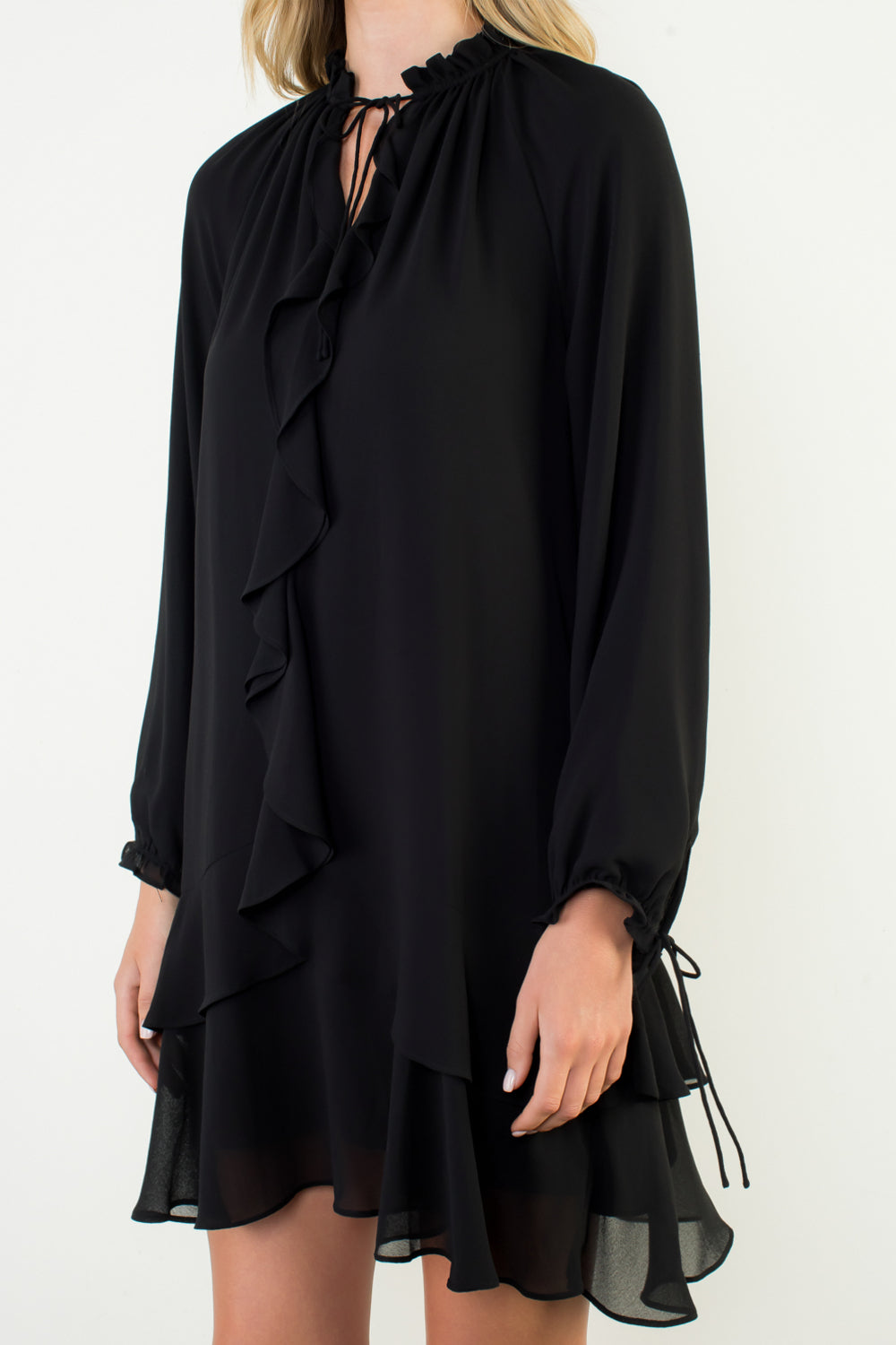 Long Sleeve Flutter Black Dress