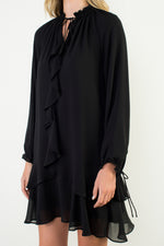 Long Sleeve Flutter Black Dress