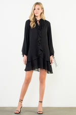 Long Sleeve Flutter Black Dress