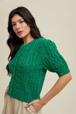 Kelly Green Cable Knit Cardigan Sweater