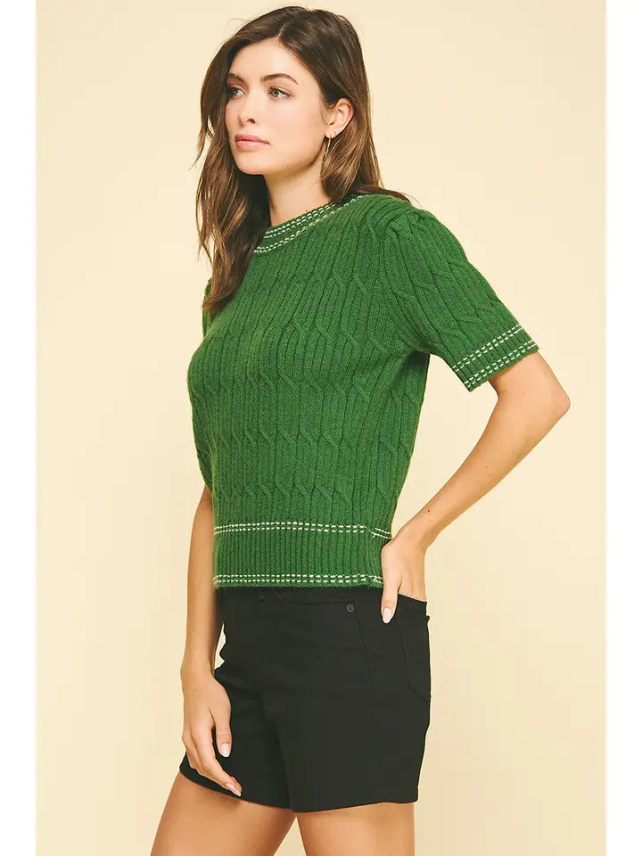 Cable Knit Short Sleeve Sweater in Green