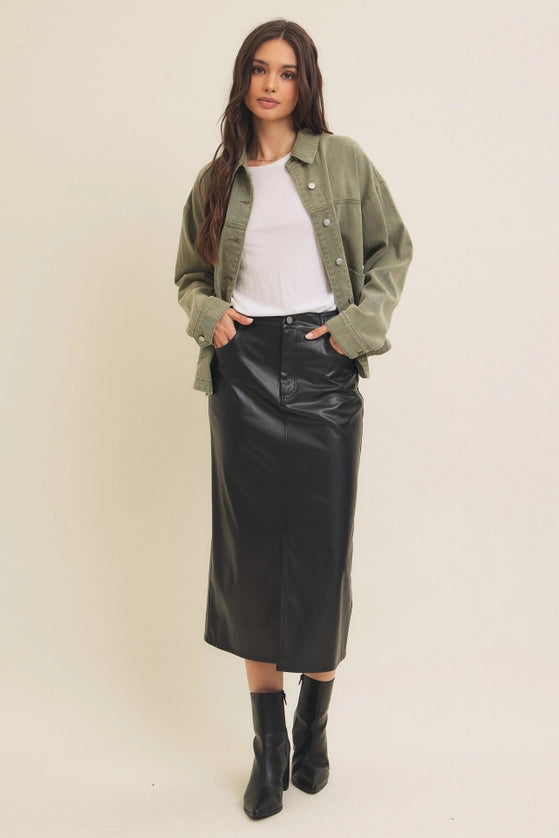 Stretchy Vegan Leather Midi Skirt with Front Slit