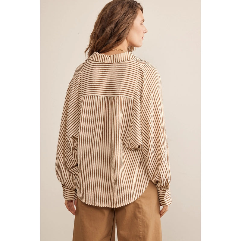 Voluminous Sleeved Button Down Stripe Shirt in Brown