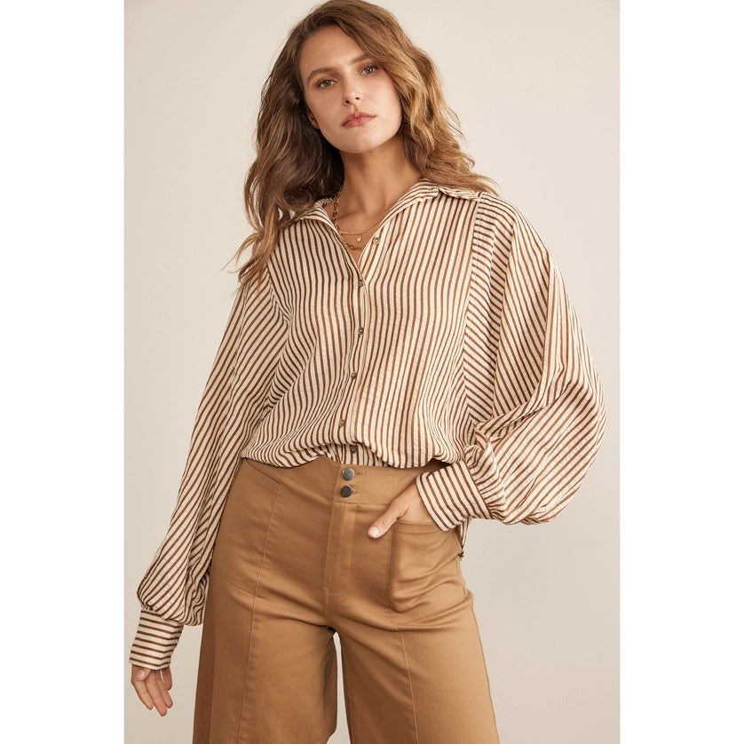 Voluminous Sleeved Button Down Stripe Shirt in Brown