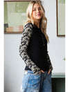 Velvet Lace Sleeve Black and Cream  Henley Long Sleeve