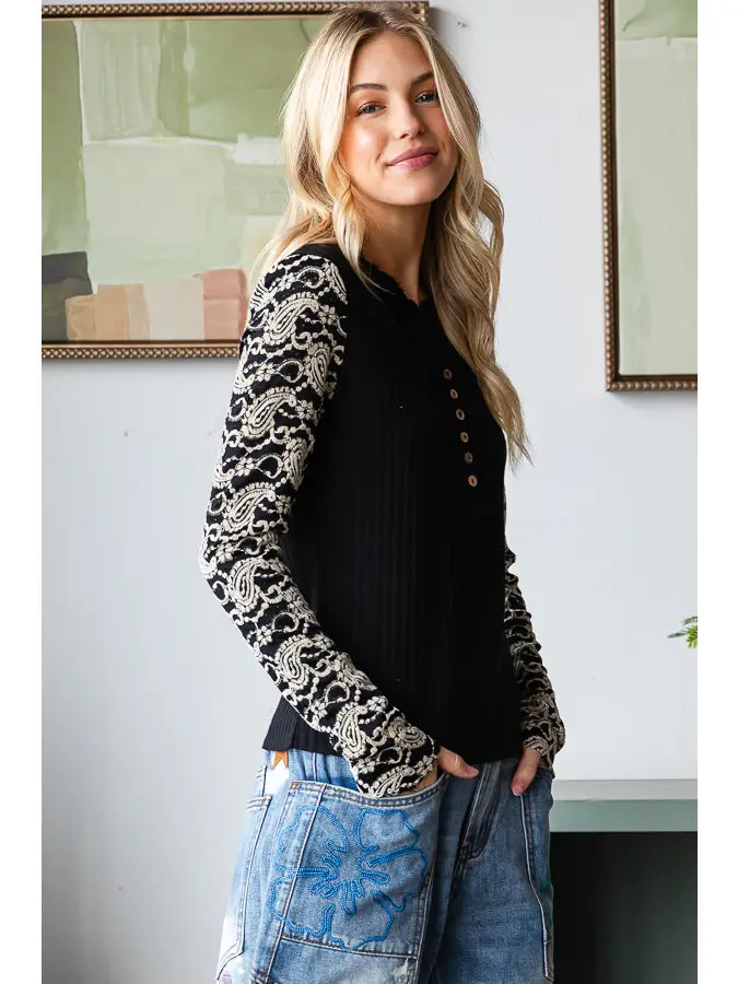 Velvet Lace Sleeve Black and Cream  Henley Long Sleeve
