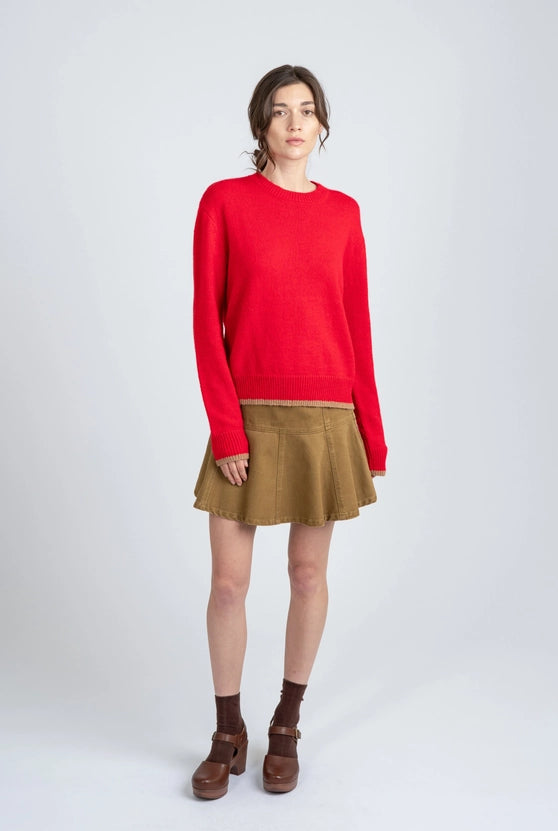 Red Crew Neck Sweater with Tan Trim