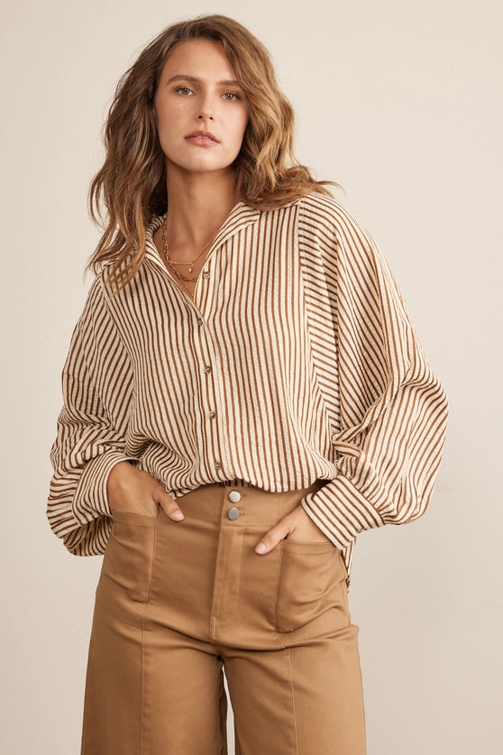 Voluminous Sleeved Button Down Stripe Shirt in Brown