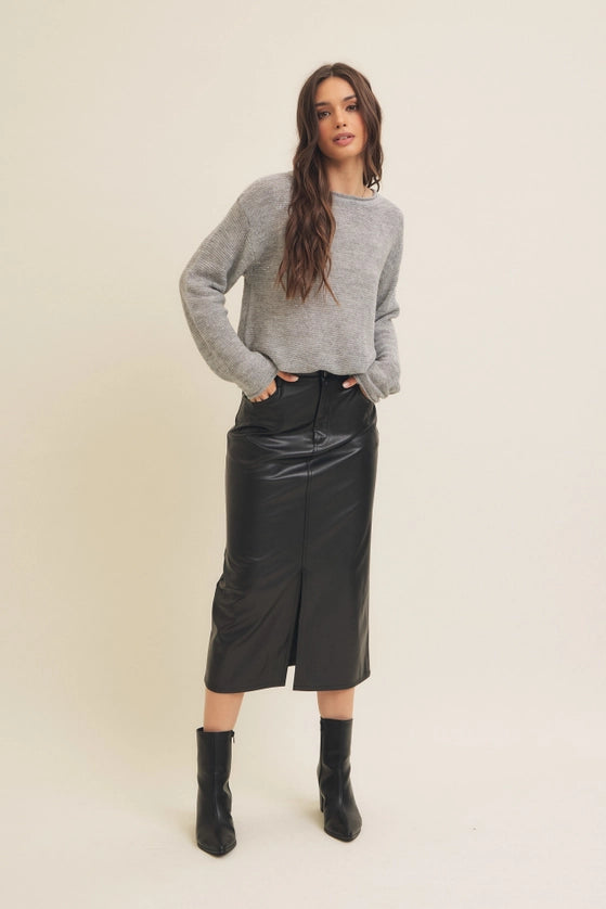 Stretchy Vegan Leather Midi Skirt with Front Slit