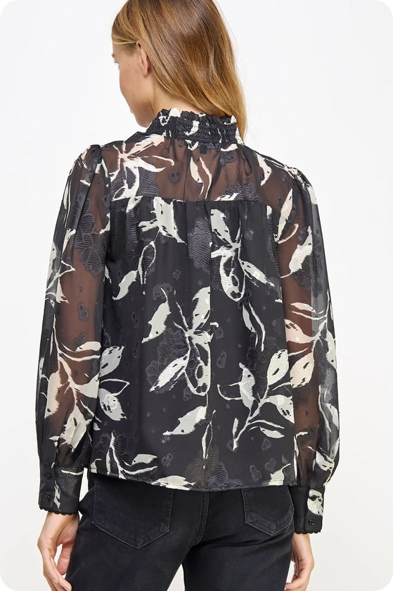 Contrast Scallop Trim Printed Yoryu Blouse