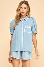 Denim Short Sleeve Top With White Trim