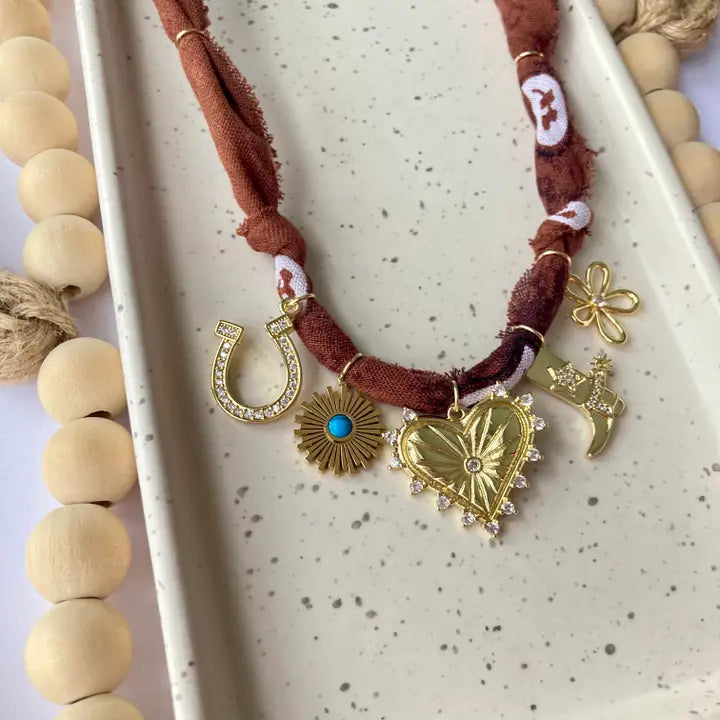 Brown Bandana Charm Necklace with  Gold Filled 5 Charms