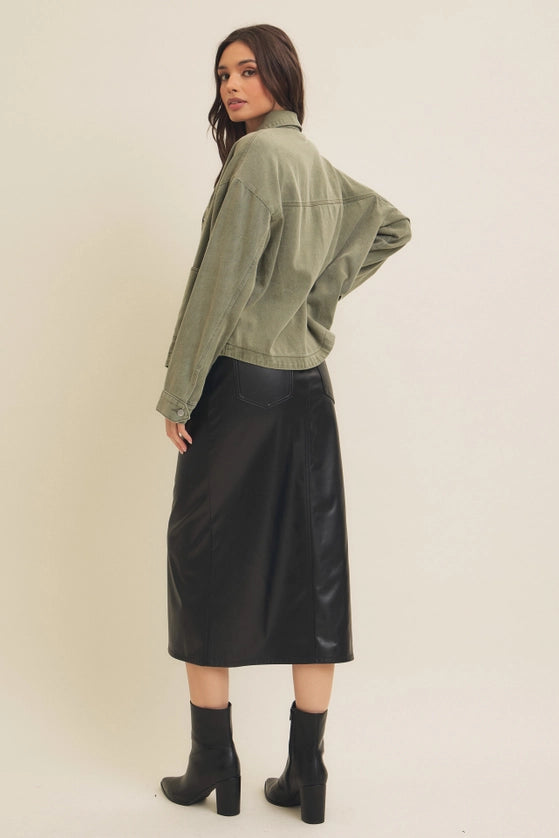 Stretchy Vegan Leather Midi Skirt with Front Slit