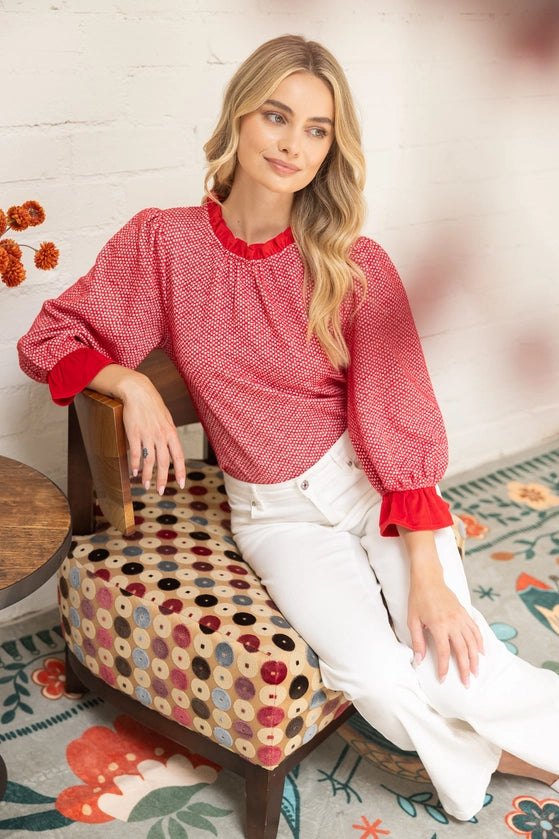 Red RuffleTextured Knit Top