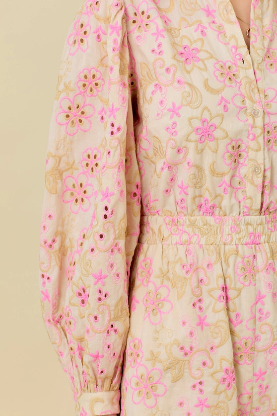 Long Sleeve Romper with Eyelet Embroidered Fabric in Natural with Hot Pink Flowers