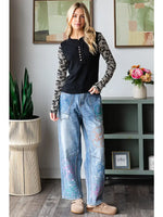 Velvet Lace Sleeve Black and Cream  Henley Long Sleeve